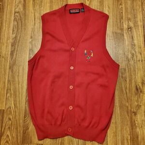 Vintage 90s Pivot Rules Golf Sweater Vest Men XL Red Cardigan Fine Cotton